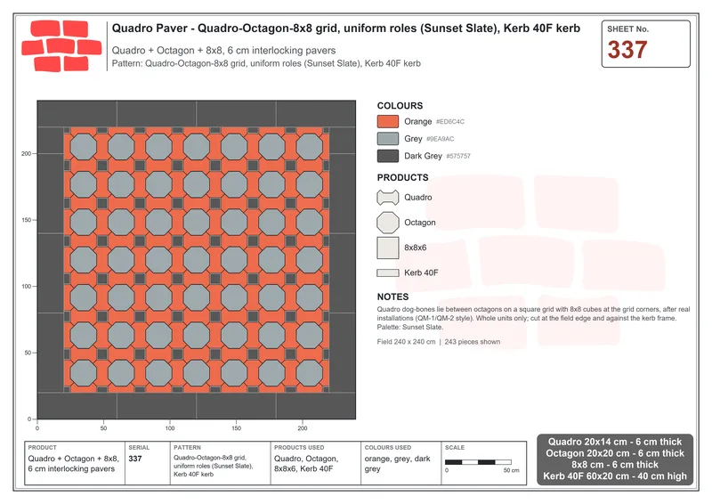 Interlock (Pasco) 20x14 cm · QUA-337 · Quadro-Octagon-8x8 grid, uniform roles (Sunset Slate), Kerb 40F kerb · Laying plan