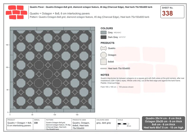 Interlock (Pasco) 20x14 cm · QUA-338 · Quadro-Octagon-8x8 grid, diamond octagon feature, 45 deg (Charcoal Edge), Heel kerb 75x150x600 kerb · Laying plan