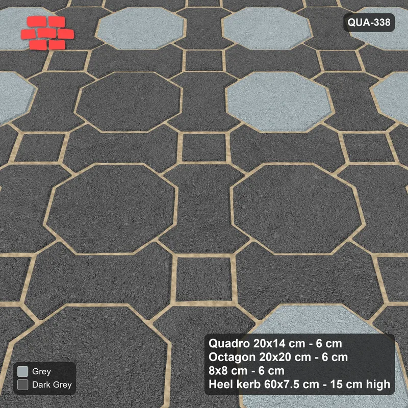 Interlock (Pasco) 20x14 cm · QUA-338 · Quadro-Octagon-8x8 grid, diamond octagon feature, 45 deg (Charcoal Edge), Heel kerb 75x150x600 kerb · Side view Interlock (Pasco) 20x14 cm · QUA-338 · Quadro-Octagon-8x8 grid, diamond octagon feature, 45 deg (Charcoal Edge), Heel kerb 75x150x600 kerb · Side view