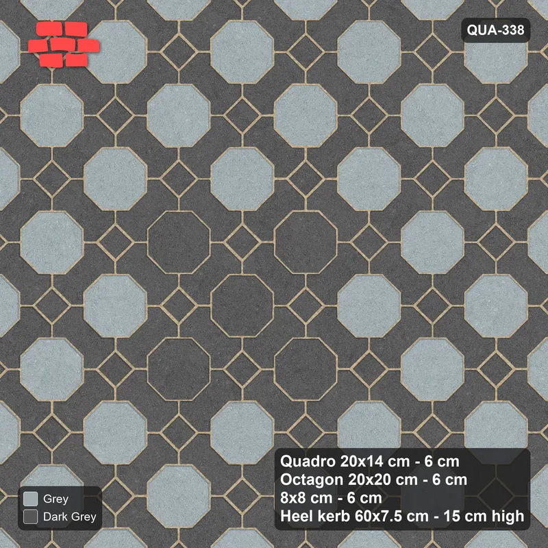 Interlock (Pasco) 20x14 cm · QUA-338 · Quadro-Octagon-8x8 grid, diamond octagon feature, 45 deg (Charcoal Edge), Heel kerb 75x150x600 kerb · Top view Interlock (Pasco) 20x14 cm · QUA-338 · Quadro-Octagon-8x8 grid, diamond octagon feature, 45 deg (Charcoal Edge), Heel kerb 75x150x600 kerb · Top view