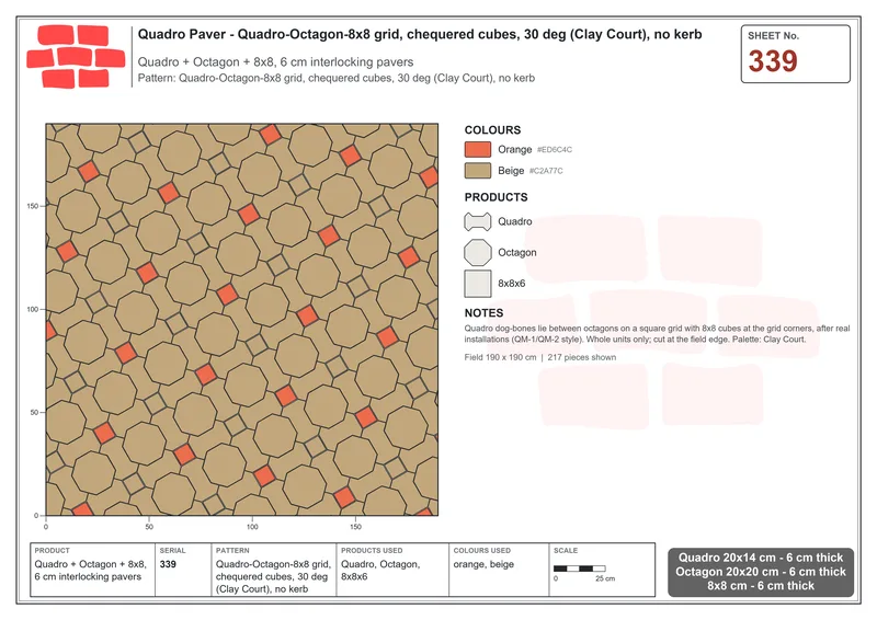 Interlock (Pasco) 20x14 cm · QUA-339 · Quadro-Octagon-8x8 grid, chequered cubes, 30 deg (Clay Court), no kerb · Laying plan