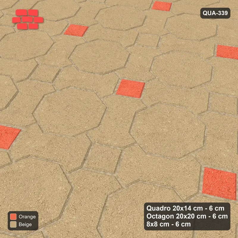 Interlock (Pasco) 20x14 cm · QUA-339 · Quadro-Octagon-8x8 grid, chequered cubes, 30 deg (Clay Court), no kerb · Side view Interlock (Pasco) 20x14 cm · QUA-339 · Quadro-Octagon-8x8 grid, chequered cubes, 30 deg (Clay Court), no kerb · Side view