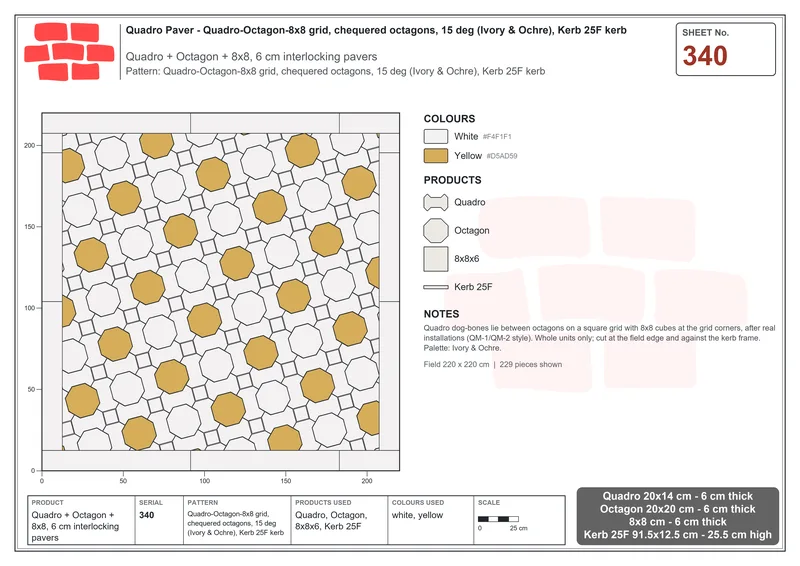 Interlock (Pasco) 20x14 cm · QUA-340 · Quadro-Octagon-8x8 grid, chequered octagons, 15 deg (Ivory & Ochre), Kerb 25F kerb · Laying plan