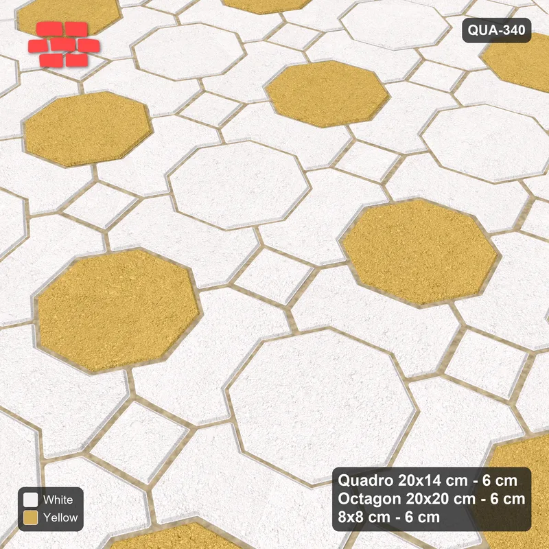 Interlock (Pasco) 20x14 cm · QUA-340 · Quadro-Octagon-8x8 grid, chequered octagons, 15 deg (Ivory & Ochre), Kerb 25F kerb · Side view Interlock (Pasco) 20x14 cm · QUA-340 · Quadro-Octagon-8x8 grid, chequered octagons, 15 deg (Ivory & Ochre), Kerb 25F kerb · Side view