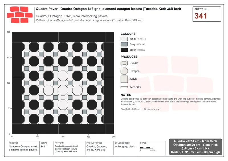 Interlock (Pasco) 20x14 cm · QUA-341 · Quadro-Octagon-8x8 grid, diamond octagon feature (Tuxedo), Kerb 38B kerb · Laying plan
