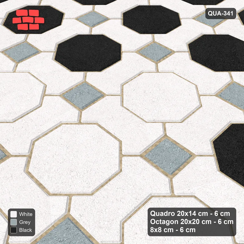 Interlock (Pasco) 20x14 cm · QUA-341 · Quadro-Octagon-8x8 grid, diamond octagon feature (Tuxedo), Kerb 38B kerb · Side view Interlock (Pasco) 20x14 cm · QUA-341 · Quadro-Octagon-8x8 grid, diamond octagon feature (Tuxedo), Kerb 38B kerb · Side view