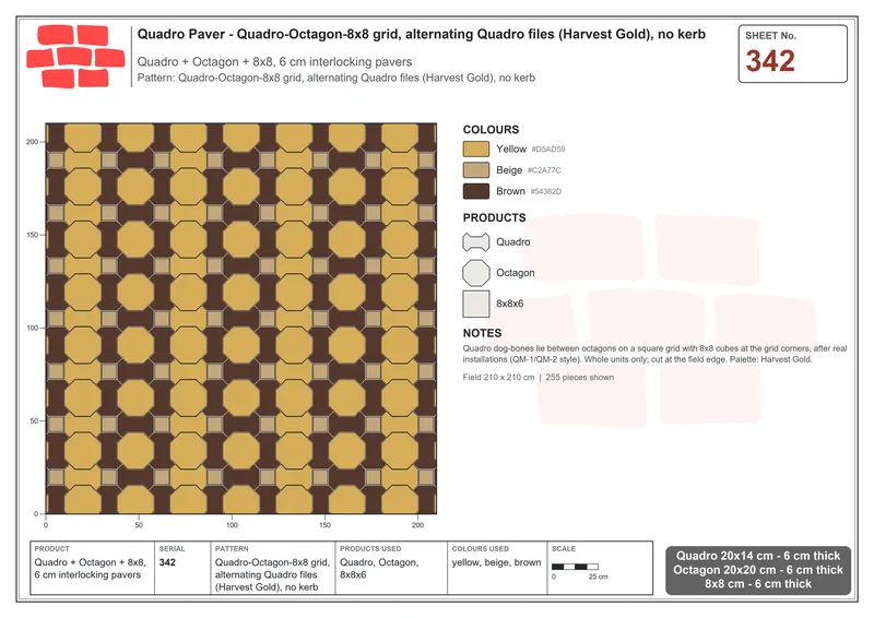 Interlock (Pasco) 20x14 cm · QUA-342 · Quadro-Octagon-8x8 grid, alternating Quadro files (Harvest Gold), no kerb · Laying plan