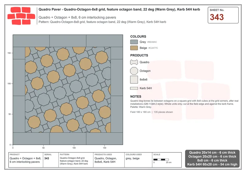 Interlock (Pasco) 20x14 cm · QUA-343 · Quadro-Octagon-8x8 grid, feature octagon band, 22 deg (Warm Grey), Kerb 54H kerb · Laying plan