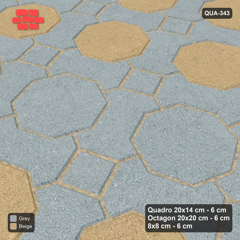 Interlock (Pasco) 20x14 cm · QUA-343 · Quadro-Octagon-8x8 grid, feature octagon band, 22 deg (Warm Grey), Kerb 54H kerb · Side view Interlock (Pasco) 20x14 cm · QUA-343 · Quadro-Octagon-8x8 grid, feature octagon band, 22 deg (Warm Grey), Kerb 54H kerb · Side view