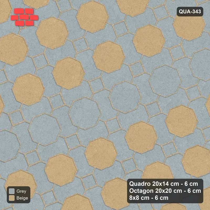 Interlock (Pasco) 20x14 cm · QUA-343 · Quadro-Octagon-8x8 grid, feature octagon band, 22 deg (Warm Grey), Kerb 54H kerb · Top view Interlock (Pasco) 20x14 cm · QUA-343 · Quadro-Octagon-8x8 grid, feature octagon band, 22 deg (Warm Grey), Kerb 54H kerb · Top view