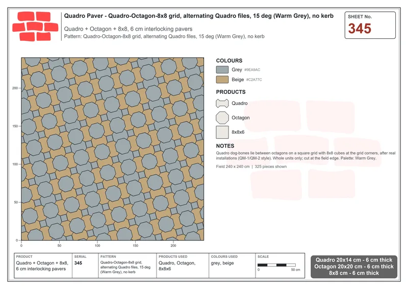 Interlock (Pasco) 20x14 cm · QUA-345 · Quadro-Octagon-8x8 grid, alternating Quadro files, 15 deg (Warm Grey), no kerb · Laying plan