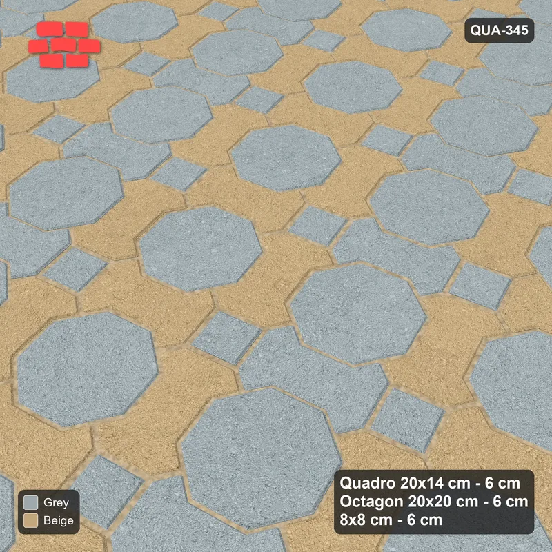 Interlock (Pasco) 20x14 cm · QUA-345 · Quadro-Octagon-8x8 grid, alternating Quadro files, 15 deg (Warm Grey), no kerb · Side view Interlock (Pasco) 20x14 cm · QUA-345 · Quadro-Octagon-8x8 grid, alternating Quadro files, 15 deg (Warm Grey), no kerb · Side view