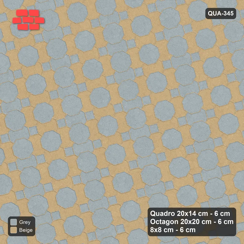 Interlock (Pasco) 20x14 cm · QUA-345 · Quadro-Octagon-8x8 grid, alternating Quadro files, 15 deg (Warm Grey), no kerb · Top view Interlock (Pasco) 20x14 cm · QUA-345 · Quadro-Octagon-8x8 grid, alternating Quadro files, 15 deg (Warm Grey), no kerb · Top view