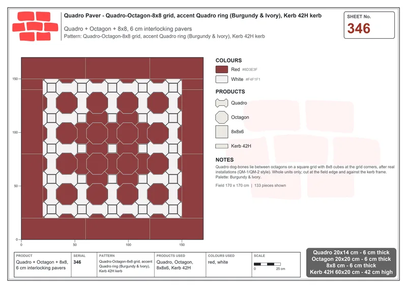 Interlock (Pasco) 20x14 cm · QUA-346 · Quadro-Octagon-8x8 grid, accent Quadro ring (Burgundy & Ivory), Kerb 42H kerb · Laying plan