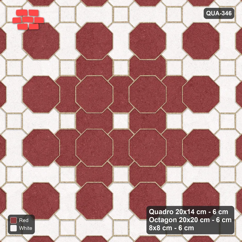 Interlock (Pasco) 20x14 cm · QUA-346 · Quadro-Octagon-8x8 grid, accent Quadro ring (Burgundy & Ivory), Kerb 42H kerb · Top view Interlock (Pasco) 20x14 cm · QUA-346 · Quadro-Octagon-8x8 grid, accent Quadro ring (Burgundy & Ivory), Kerb 42H kerb · Top view