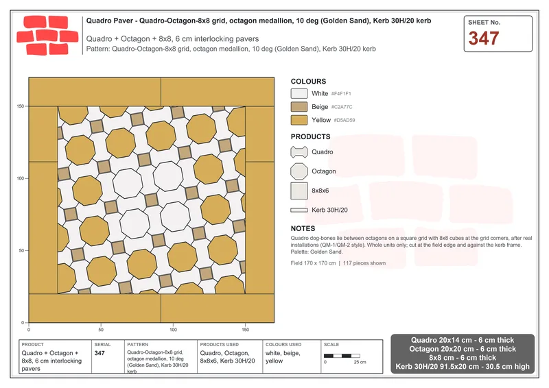 Interlock (Pasco) 20x14 cm · QUA-347 · Quadro-Octagon-8x8 grid, octagon medallion, 10 deg (Golden Sand), Kerb 30H/20 kerb · Laying plan