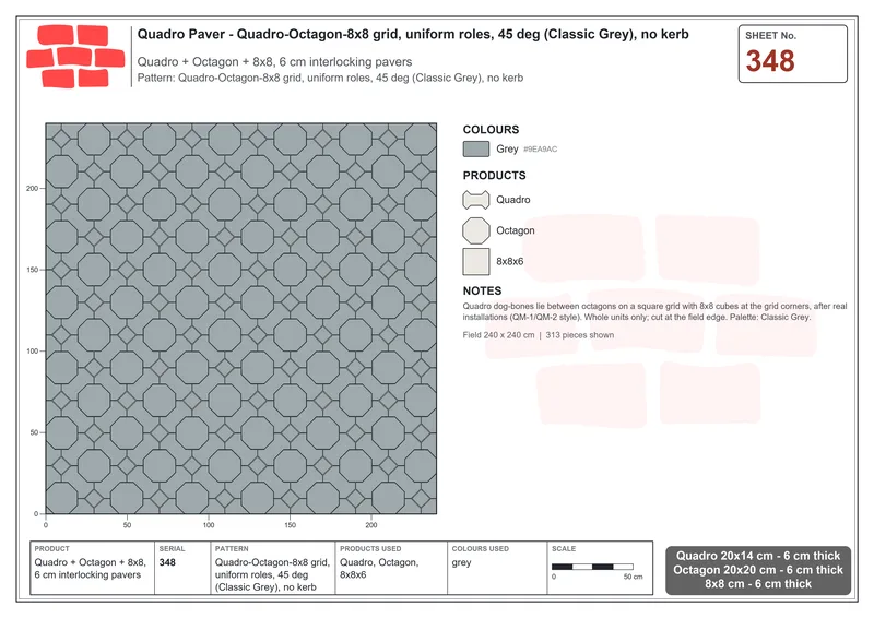 Interlock (Pasco) 20x14 cm · QUA-348 · Quadro-Octagon-8x8 grid, uniform roles, 45 deg (Classic Grey), no kerb · Laying plan