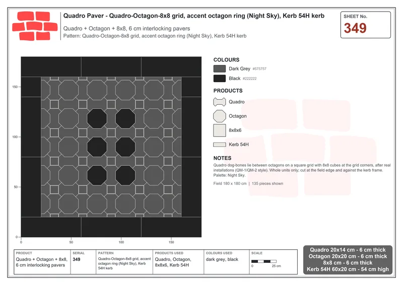 Interlock (Pasco) 20x14 cm · QUA-349 · Quadro-Octagon-8x8 grid, accent octagon ring (Night Sky), Kerb 54H kerb · Laying plan