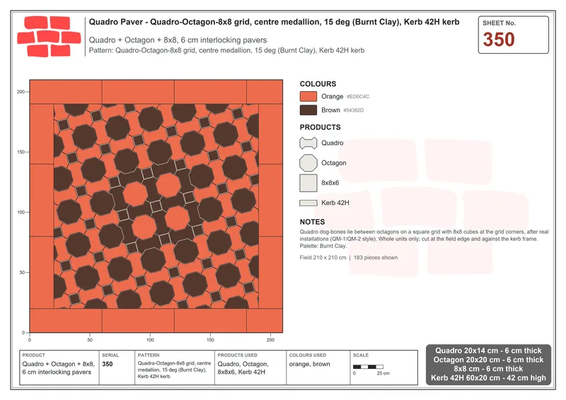 Interlock (Pasco) 20x14 cm · QUA-350 · Quadro-Octagon-8x8 grid, centre medallion, 15 deg (Burnt Clay), Kerb 42H kerb · Laying plan