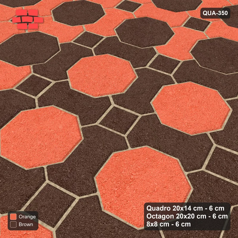 Interlock (Pasco) 20x14 cm · QUA-350 · Quadro-Octagon-8x8 grid, centre medallion, 15 deg (Burnt Clay), Kerb 42H kerb · Side view Interlock (Pasco) 20x14 cm · QUA-350 · Quadro-Octagon-8x8 grid, centre medallion, 15 deg (Burnt Clay), Kerb 42H kerb · Side view
