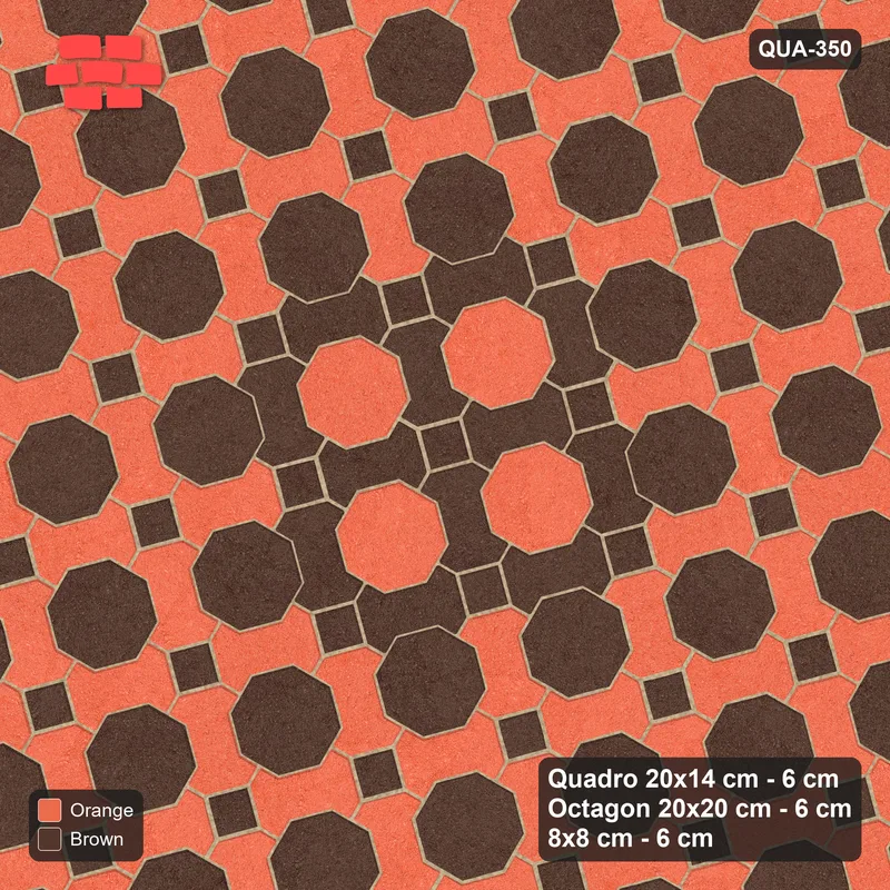 Interlock (Pasco) 20x14 cm · QUA-350 · Quadro-Octagon-8x8 grid, centre medallion, 15 deg (Burnt Clay), Kerb 42H kerb · Top view Interlock (Pasco) 20x14 cm · QUA-350 · Quadro-Octagon-8x8 grid, centre medallion, 15 deg (Burnt Clay), Kerb 42H kerb · Top view
