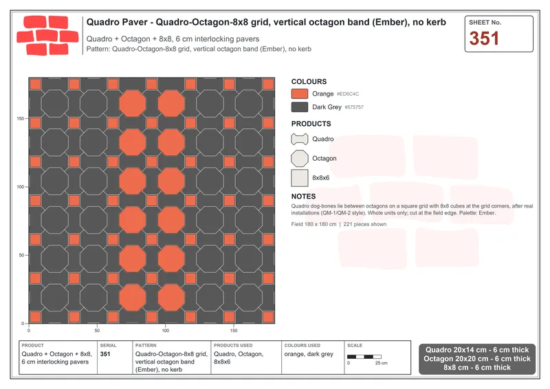 Interlock (Pasco) 20x14 cm · QUA-351 · Quadro-Octagon-8x8 grid, vertical octagon band (Ember), no kerb · Laying plan