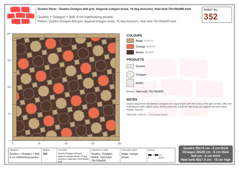 Interlock (Pasco) 20x14 cm · QUA-352 · Quadro-Octagon-8x8 grid, diagonal octagon tones, 10 deg (Autumn), Heel kerb 75x150x600 kerb · Laying plan
