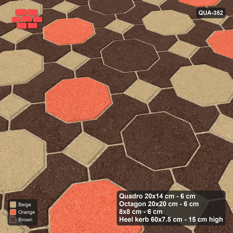 Interlock (Pasco) 20x14 cm · QUA-352 · Quadro-Octagon-8x8 grid, diagonal octagon tones, 10 deg (Autumn), Heel kerb 75x150x600 kerb · Side view Interlock (Pasco) 20x14 cm · QUA-352 · Quadro-Octagon-8x8 grid, diagonal octagon tones, 10 deg (Autumn), Heel kerb 75x150x600 kerb · Side view