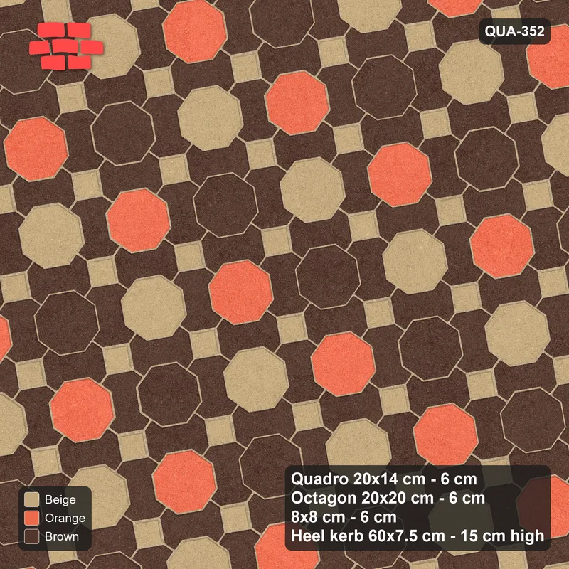 Interlock (Pasco) 20x14 cm · QUA-352 · Quadro-Octagon-8x8 grid, diagonal octagon tones, 10 deg (Autumn), Heel kerb 75x150x600 kerb · Top view Interlock (Pasco) 20x14 cm · QUA-352 · Quadro-Octagon-8x8 grid, diagonal octagon tones, 10 deg (Autumn), Heel kerb 75x150x600 kerb · Top view