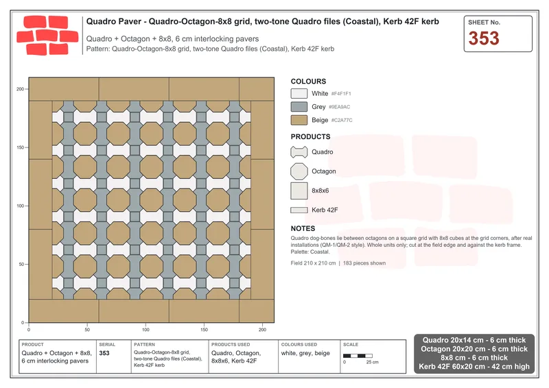 Interlock (Pasco) 20x14 cm · QUA-353 · Quadro-Octagon-8x8 grid, two-tone Quadro files (Coastal), Kerb 42F kerb · Laying plan