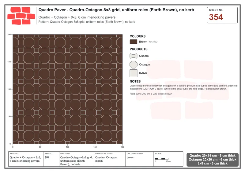 Interlock (Pasco) 20x14 cm · QUA-354 · Quadro-Octagon-8x8 grid, uniform roles (Earth Brown), no kerb · Laying plan