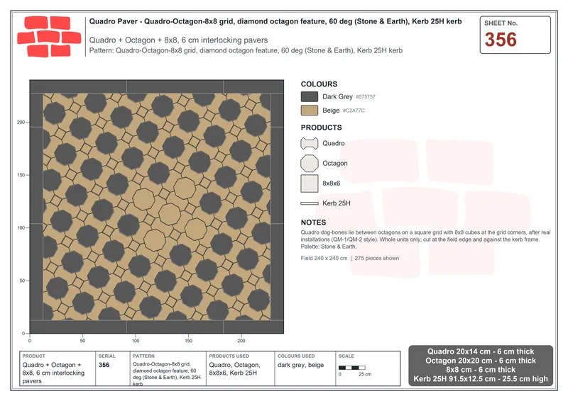 Interlock (Pasco) 20x14 cm · QUA-356 · Quadro-Octagon-8x8 grid, diamond octagon feature, 60 deg (Stone & Earth), Kerb 25H kerb · Laying plan
