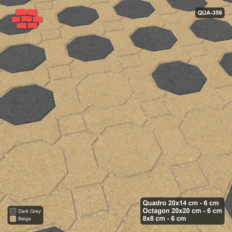 Interlock (Pasco) 20x14 cm · QUA-356 · Quadro-Octagon-8x8 grid, diamond octagon feature, 60 deg (Stone & Earth), Kerb 25H kerb · Side view Interlock (Pasco) 20x14 cm · QUA-356 · Quadro-Octagon-8x8 grid, diamond octagon feature, 60 deg (Stone & Earth), Kerb 25H kerb · Side view