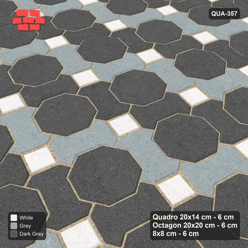 Interlock (Pasco) 20x14 cm · QUA-357 · Quadro-Octagon-8x8 grid, chequered Quadros, 75 deg (Monochrome), no kerb · Side view Interlock (Pasco) 20x14 cm · QUA-357 · Quadro-Octagon-8x8 grid, chequered Quadros, 75 deg (Monochrome), no kerb · Side view