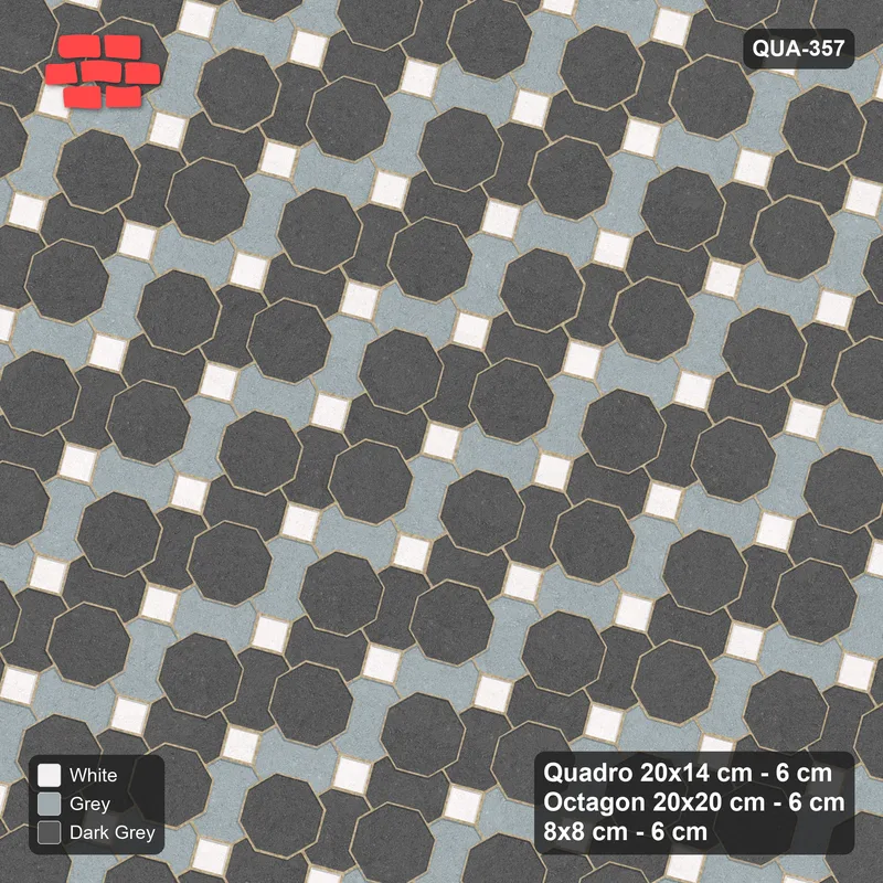 Interlock (Pasco) 20x14 cm · QUA-357 · Quadro-Octagon-8x8 grid, chequered Quadros, 75 deg (Monochrome), no kerb · Top view Interlock (Pasco) 20x14 cm · QUA-357 · Quadro-Octagon-8x8 grid, chequered Quadros, 75 deg (Monochrome), no kerb · Top view