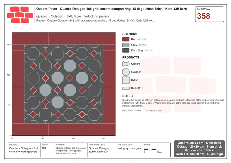 Interlock (Pasco) 20x14 cm · QUA-358 · Quadro-Octagon-8x8 grid, accent octagon ring, 45 deg (Urban Brick), Kerb 42H kerb · Laying plan