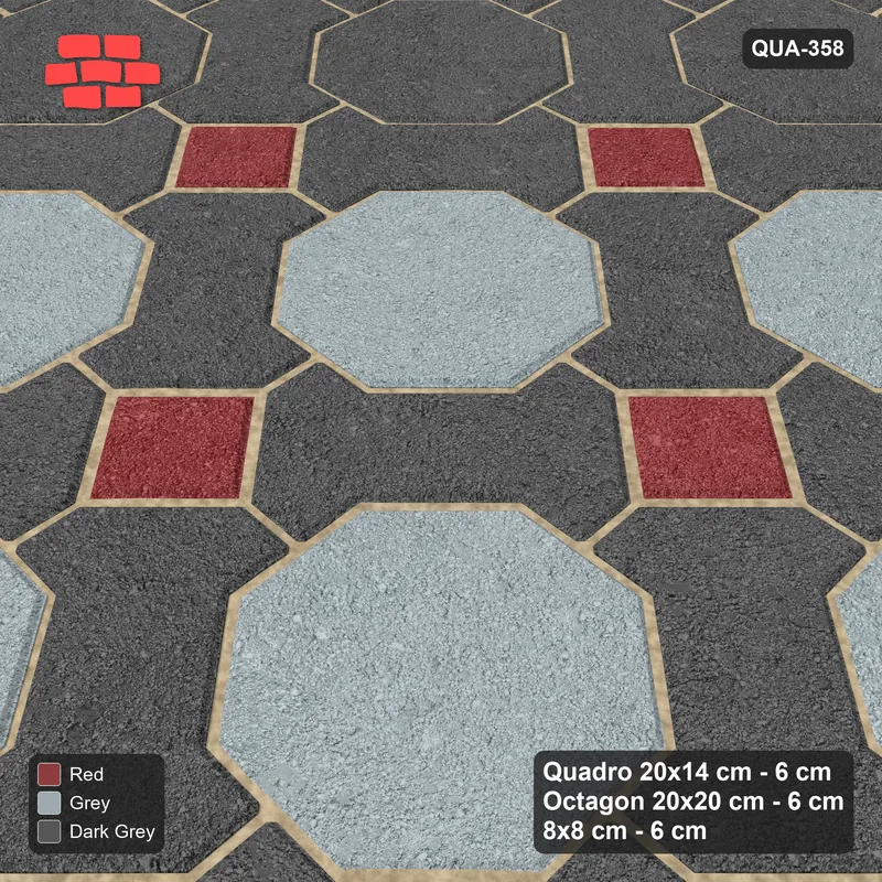 Interlock (Pasco) 20x14 cm · QUA-358 · Quadro-Octagon-8x8 grid, accent octagon ring, 45 deg (Urban Brick), Kerb 42H kerb · Side view Interlock (Pasco) 20x14 cm · QUA-358 · Quadro-Octagon-8x8 grid, accent octagon ring, 45 deg (Urban Brick), Kerb 42H kerb · Side view