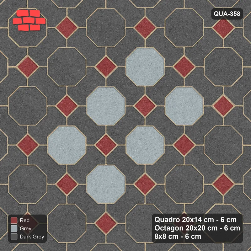 Interlock (Pasco) 20x14 cm · QUA-358 · Quadro-Octagon-8x8 grid, accent octagon ring, 45 deg (Urban Brick), Kerb 42H kerb · Top view Interlock (Pasco) 20x14 cm · QUA-358 · Quadro-Octagon-8x8 grid, accent octagon ring, 45 deg (Urban Brick), Kerb 42H kerb · Top view