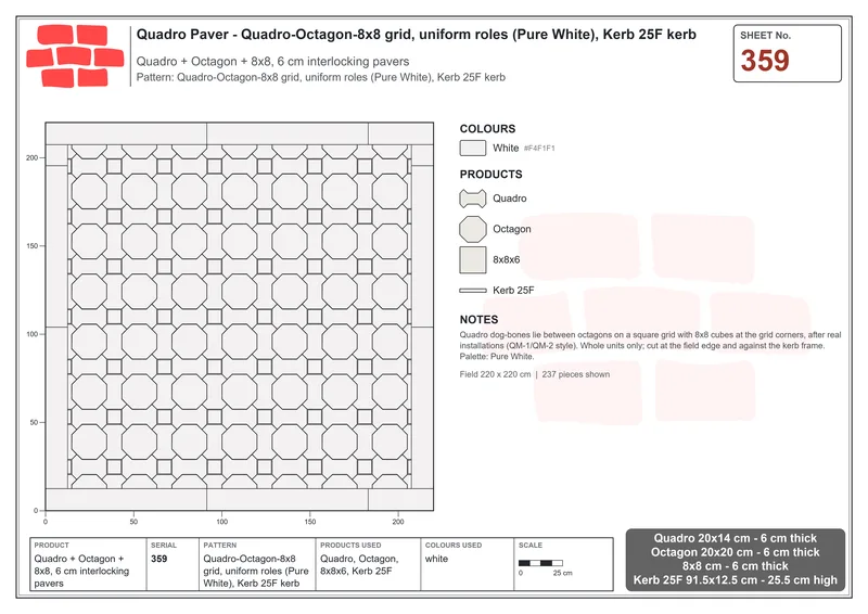 Interlock (Pasco) 20x14 cm · QUA-359 · Quadro-Octagon-8x8 grid, uniform roles (Pure White), Kerb 25F kerb · Laying plan