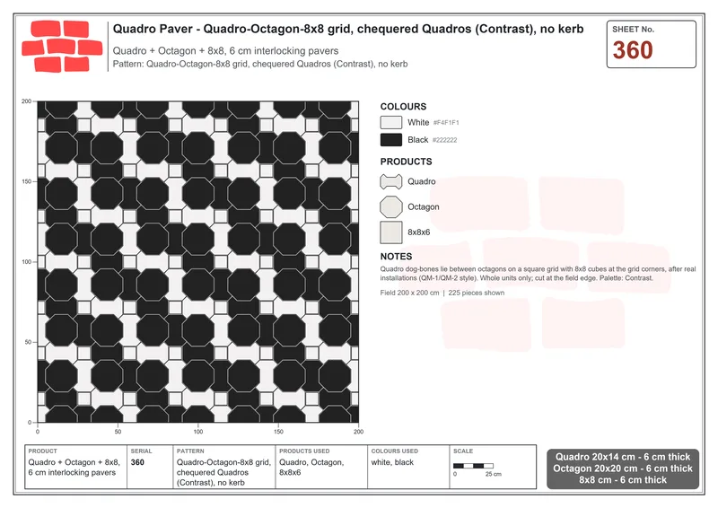 Interlock (Pasco) 20x14 cm · QUA-360 · Quadro-Octagon-8x8 grid, chequered Quadros (Contrast), no kerb · Laying plan