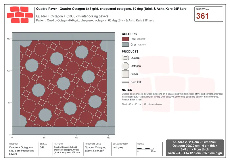 Interlock (Pasco) 20x14 cm · QUA-361 · Quadro-Octagon-8x8 grid, chequered octagons, 60 deg (Brick & Ash), Kerb 25F kerb · Laying plan
