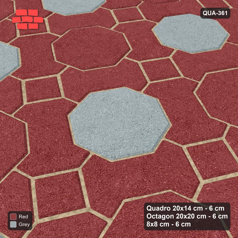 Interlock (Pasco) 20x14 cm · QUA-361 · Quadro-Octagon-8x8 grid, chequered octagons, 60 deg (Brick & Ash), Kerb 25F kerb · Side view Interlock (Pasco) 20x14 cm · QUA-361 · Quadro-Octagon-8x8 grid, chequered octagons, 60 deg (Brick & Ash), Kerb 25F kerb · Side view