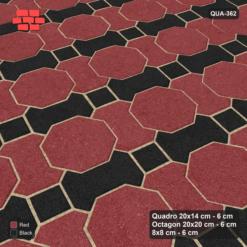 Interlock (Pasco) 20x14 cm · QUA-362 · Quadro-Octagon-8x8 grid, two-tone Quadro files, 75 deg (Red & Black), Kerb 40F kerb · Side view Interlock (Pasco) 20x14 cm · QUA-362 · Quadro-Octagon-8x8 grid, two-tone Quadro files, 75 deg (Red & Black), Kerb 40F kerb · Side view