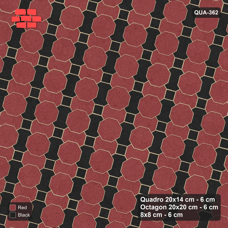 Interlock (Pasco) 20x14 cm · QUA-362 · Quadro-Octagon-8x8 grid, two-tone Quadro files, 75 deg (Red & Black), Kerb 40F kerb · Top view Interlock (Pasco) 20x14 cm · QUA-362 · Quadro-Octagon-8x8 grid, two-tone Quadro files, 75 deg (Red & Black), Kerb 40F kerb · Top view