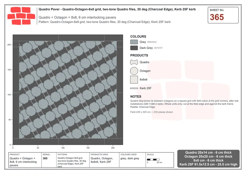 Interlock (Pasco) 20x14 cm · QUA-365 · Quadro-Octagon-8x8 grid, two-tone Quadro files, 30 deg (Charcoal Edge), Kerb 25F kerb · Laying plan
