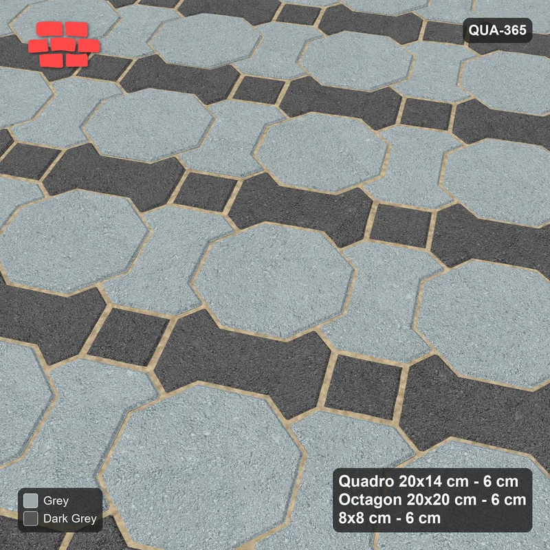 Interlock (Pasco) 20x14 cm · QUA-365 · Quadro-Octagon-8x8 grid, two-tone Quadro files, 30 deg (Charcoal Edge), Kerb 25F kerb · Side view Interlock (Pasco) 20x14 cm · QUA-365 · Quadro-Octagon-8x8 grid, two-tone Quadro files, 30 deg (Charcoal Edge), Kerb 25F kerb · Side view