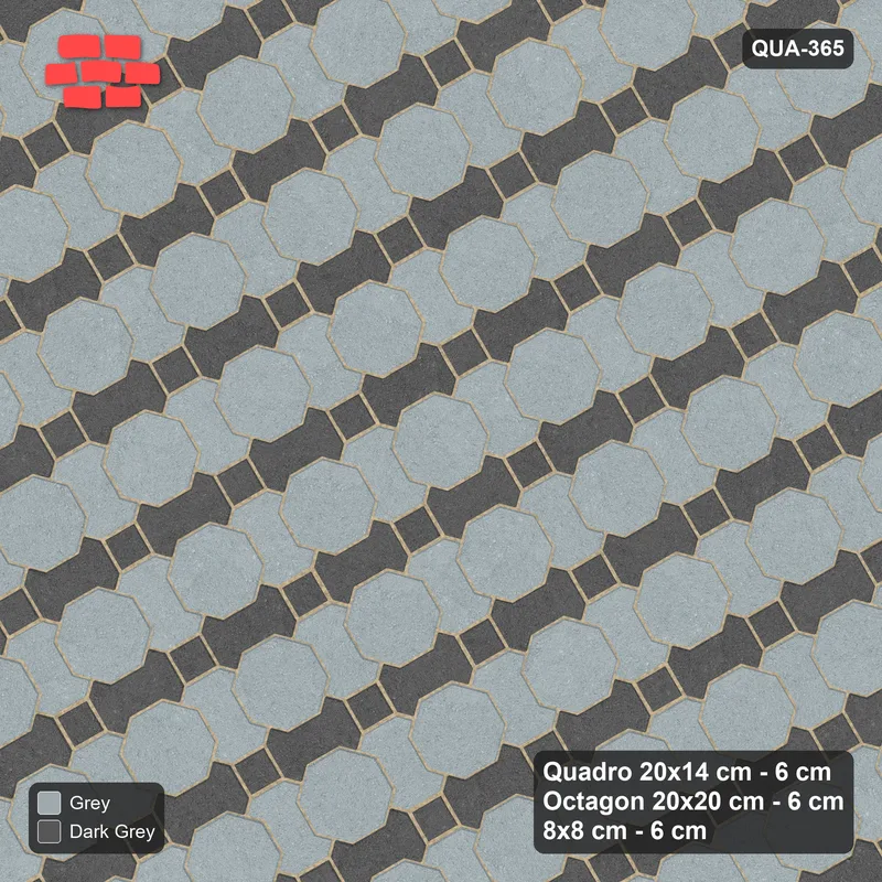 Interlock (Pasco) 20x14 cm · QUA-365 · Quadro-Octagon-8x8 grid, two-tone Quadro files, 30 deg (Charcoal Edge), Kerb 25F kerb · Top view Interlock (Pasco) 20x14 cm · QUA-365 · Quadro-Octagon-8x8 grid, two-tone Quadro files, 30 deg (Charcoal Edge), Kerb 25F kerb · Top view