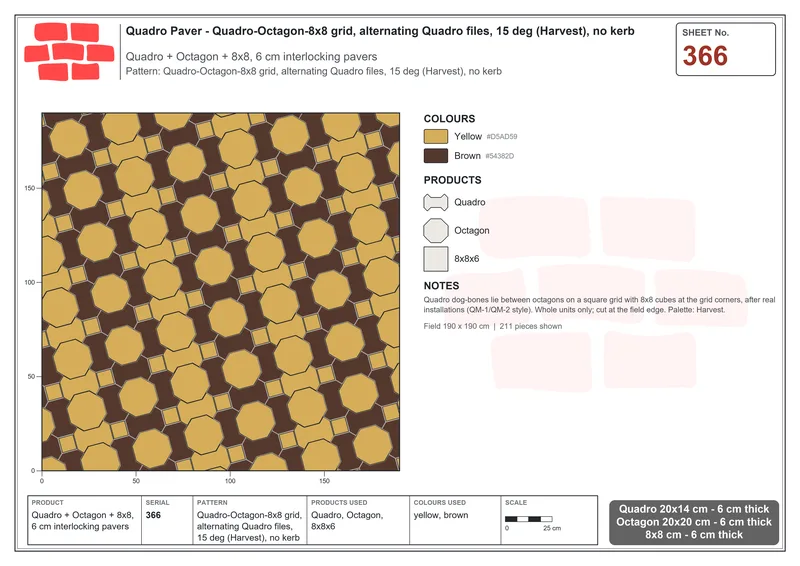 Interlock (Pasco) 20x14 cm · QUA-366 · Quadro-Octagon-8x8 grid, alternating Quadro files, 15 deg (Harvest), no kerb · Laying plan