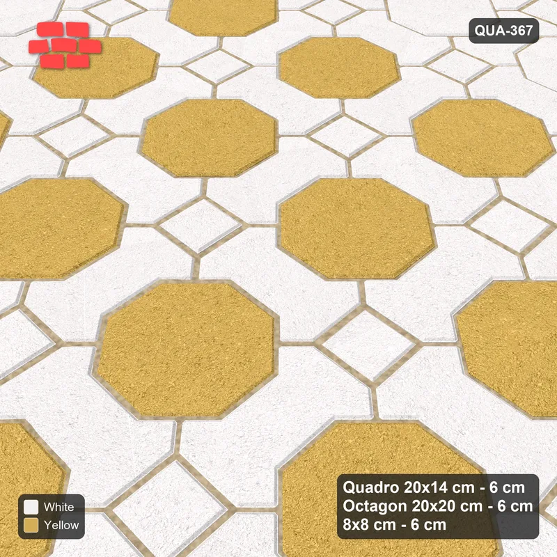 Interlock (Pasco) 20x14 cm · QUA-367 · Quadro-Octagon-8x8 grid, accent octagon ring (Ivory & Ochre), Kerb 25B kerb · Side view Interlock (Pasco) 20x14 cm · QUA-367 · Quadro-Octagon-8x8 grid, accent octagon ring (Ivory & Ochre), Kerb 25B kerb · Side view