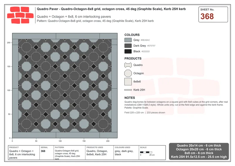 Interlock (Pasco) 20x14 cm · QUA-368 · Quadro-Octagon-8x8 grid, octagon cross, 45 deg (Graphite Scale), Kerb 25H kerb · Laying plan